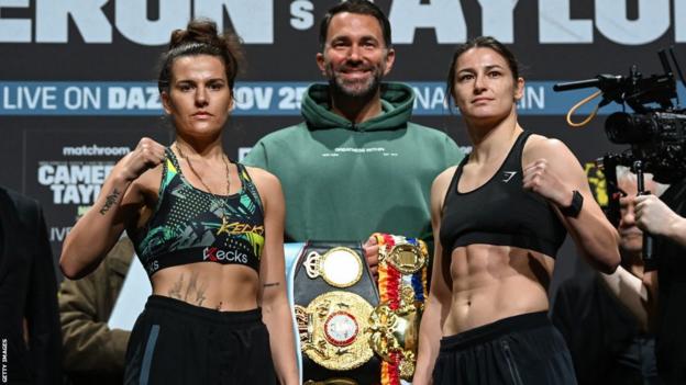 Chantelle Cameron, Eddie Hearn and Katie Taylor pose for cameras at Friday's weigh-in