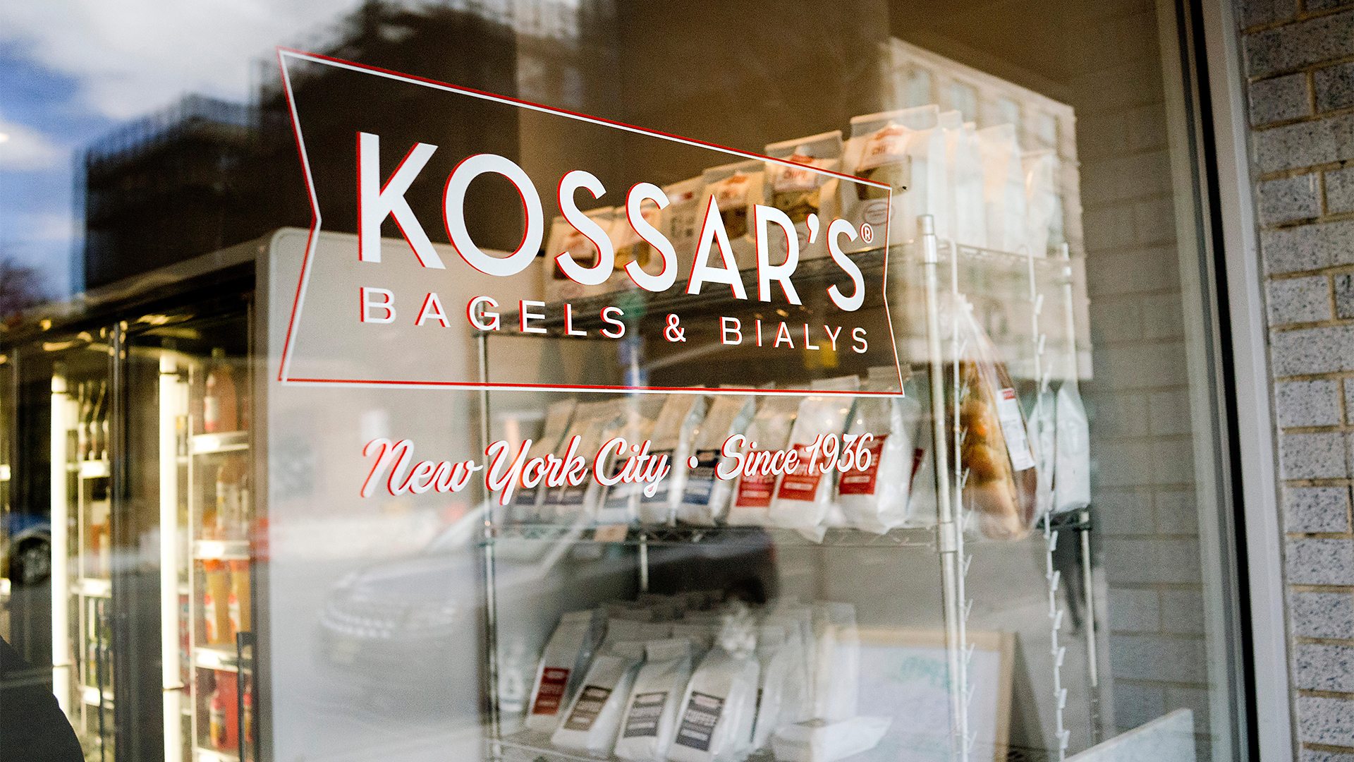 The window of Kossar's Bagels and Bialys