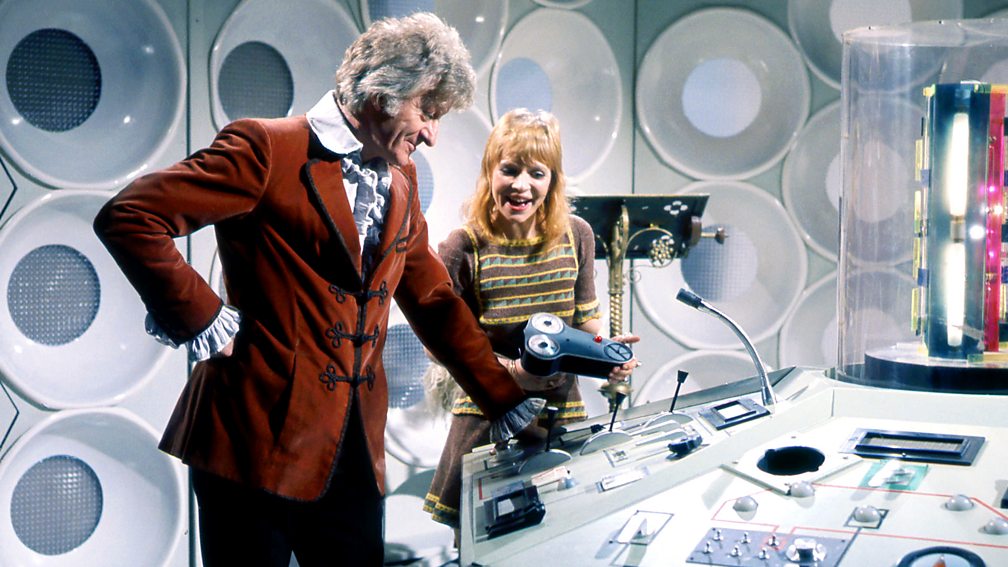 BBC Jon Pertwee in velvet jacket as Dr Who with assistant in the Tardis