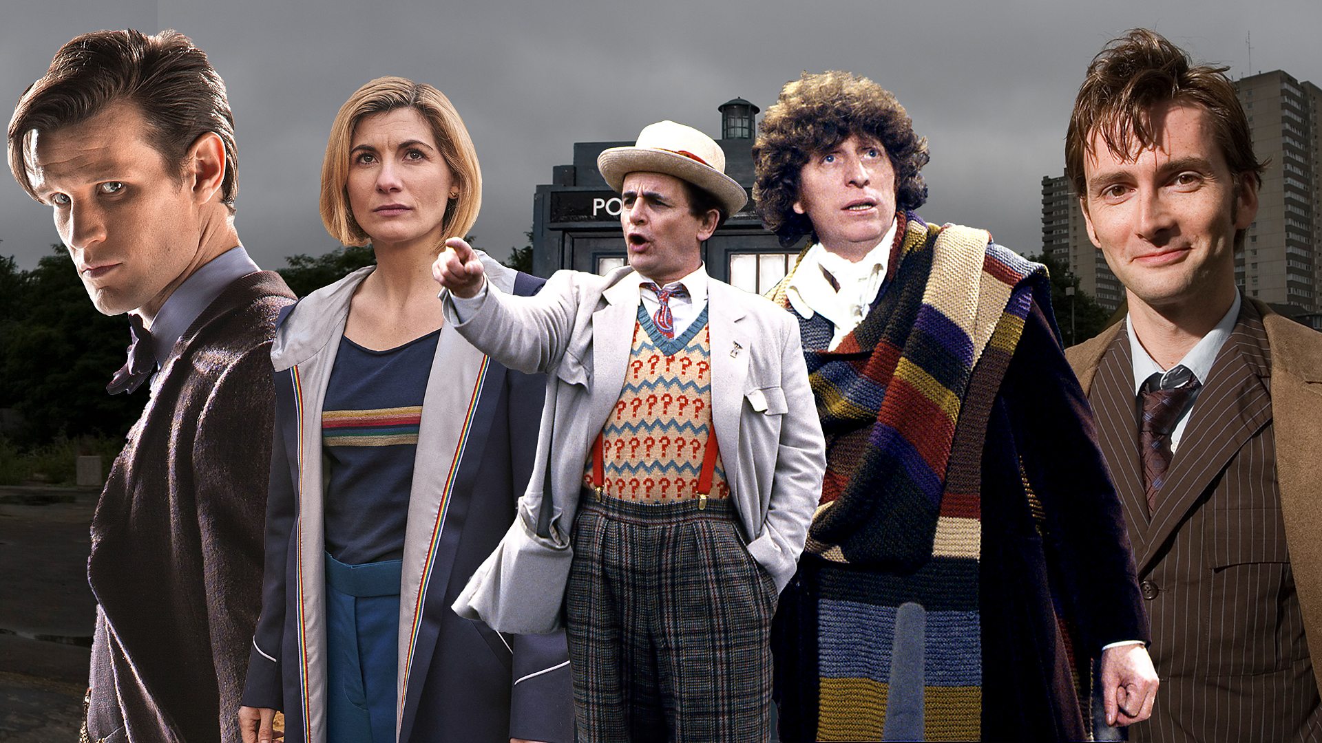 A picture of five different actors who played Doctor Who: Matt Smith, Jodie Whittake, Sylvester McCoy, Tom Baker and David Tennant