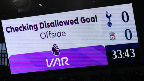 The big screen at Tottenham Hotspur Stadium showing a message that a goal has been disallowed during Tottenham's game with Liverpool